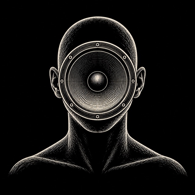 Illustration of a human figure with a speaker for a face